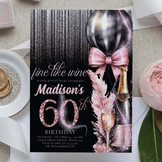 Invitation Vin rose Luxe 60e Anniversaire adulte