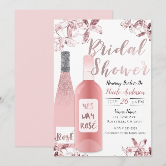 Invitation Vin Rosé Rose & Fleurs d'Orchidée Baby Shower (Devant / Derrière)