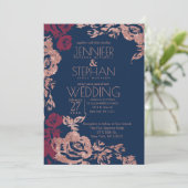 Invitation Vin Rouge Bleu Rose Or Parties scintillant Floral  (Debout devant)