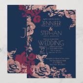 Invitation Vin Rouge Bleu Rose Or Parties scintillant Floral  (Devant / Derrière)