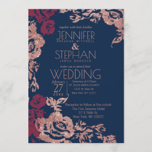 Invitation Vin Rouge Bleu Rose Or Parties scintillant Floral 