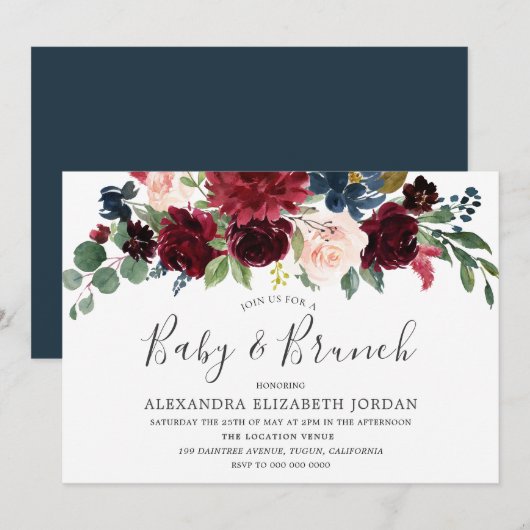 Invitation Vin rouge Bourgogne Baby shower moderne Brunch Inv (Devant / Derrière)