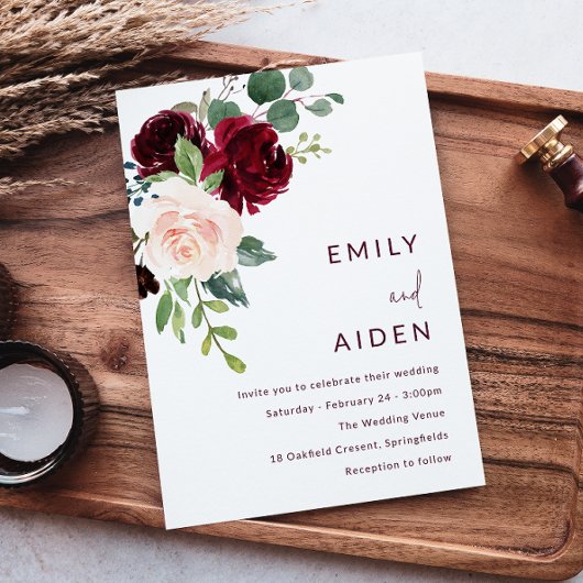 Invitation Vin rouge Bourgogne et Mariage floral