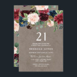 Invitation Vin rouge Bourgogne Floral 21ème anniversaire<br><div class="desc">Vin rouge Bourgogne Floral 21ème anniversaire fête belle élégante aquarelle florale design Entièrement personnalisable / personnalisé</div>