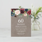 Invitation Vin rouge Bourgogne Floral 60e fête d'anniversaire (Debout devant)