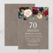 Invitation Vin rouge Bourgogne Floral 70e fête d'anniversaire (Devant / Derrière)