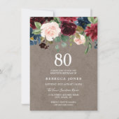 Invitation Vin rouge Bourgogne Floral 80e fête d'anniversaire (Devant)