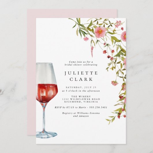 Invitation Vin rouge et Fête des mariées de jardin fleuri ros (Devant / Derrière)