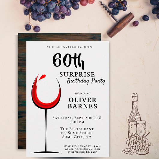 Invitation Vin rouge moderne 60e anniversaire Surprise Party