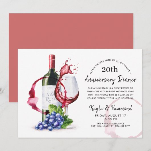 Invitation Vin rouge Occasion Anniversaire Dîner Invitat (Devant / Derrière)