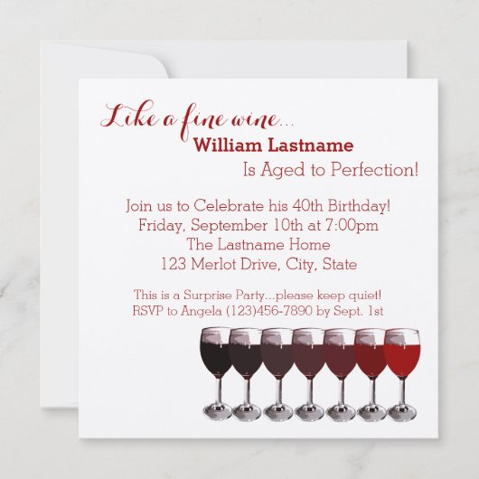 Invitation Vin rouge vieilli à la perfection anniversaire (Devant)
