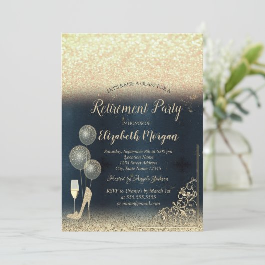 Invitation Vin Verre Ballons Parties scintillant Or Bleu Retr (Debout devant)