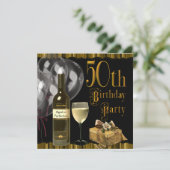 Invitation Vin Verre Bouteille Or 50e fête d'anniversaire (Debout devant)