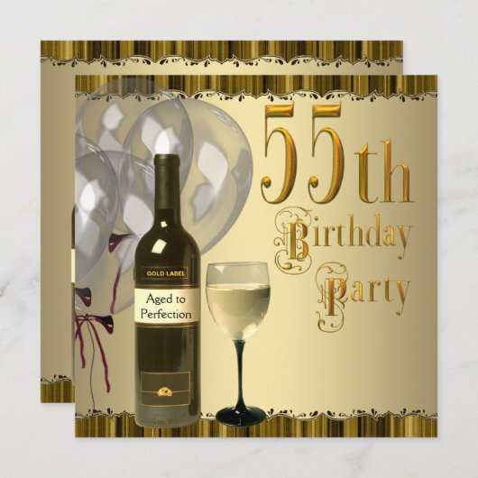 Invitation Vin Verre Bouteille Or 55e fête d'anniversaire (Devant / Derrière)