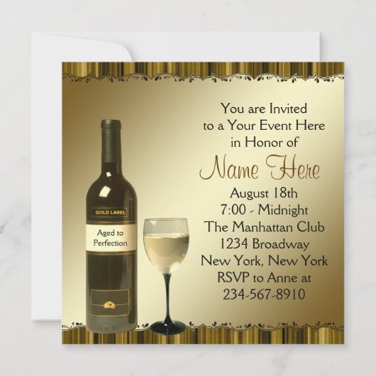 Invitation Vin Verre Bouteille Or 65e fête d'anniversaire (Dos)