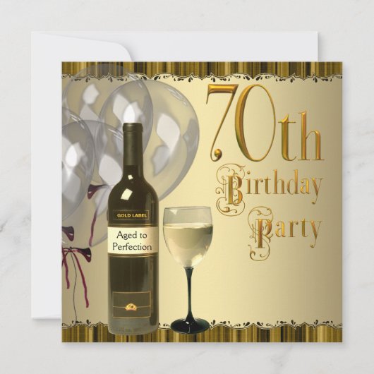 Invitation Vin Verre Bouteille Or 70e fête d'anniversaire (Devant)