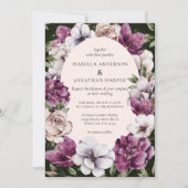 Invitation Vin vert foncé Florales violettes QR Code Mariage (Devant)