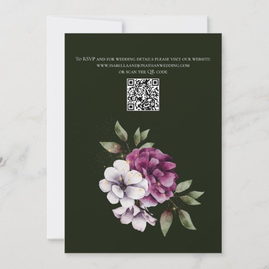 Invitation Vin vert foncé Florales violettes QR Code Mariage (Dos)