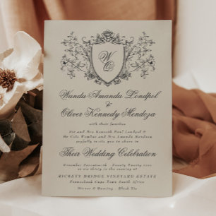 Invitation Vinatage Floral Crest Cream Mariage de charbon