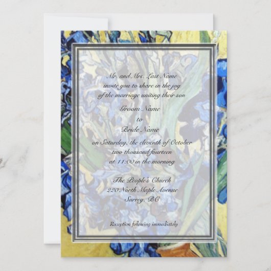 Invitation Vincent van Gogh, iris bleus sur fond jaune (Devant)