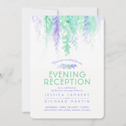 Invitation Vine d'aquarelle violet vert soirée réception (Devant)