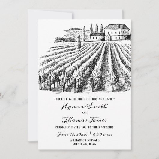 Invitation Vineyard Winery Rustic Sketch Mariage (Devant)
