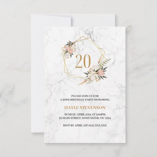 Invitation Vingt - 20e fête d'anniversaire Marbre floral chic (Devant)