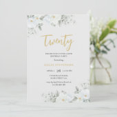 Invitation Vingt Blanc & Or Elégant Blanc Floral Anniversaire (Debout devant)