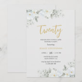 Invitation Vingt Blanc & Or Elégant Blanc Floral Anniversaire (Devant / Derrière)