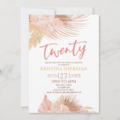 Invitation Vingt Boho rose florale Fleur 20e anniversaire fêt (Devant)