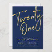 Invitation Vingt et un | Blue & Gold Chic 21e fête d'annivers (Devant)