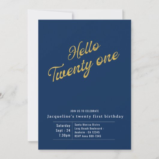 Invitation Vingt et un Blue Gold Moderne 21e anniversaire (Devant)