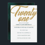 Invitation Vingt et un | Dark Green, Gold 21st Birthday Party<br><div class="desc">Célébrez votre journée spéciale avec cette simple et élégante invitation à la fête du 21e anniversaire. Ce design est doté d'une aquarelle vert foncé mer,  et d'une couleur Type Or "Twenty One" avec un plan vert foncé propre. heureux anniversaire pour vous et avoir une grande année.</div>