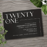 Invitation Vingt et un | Mini moderne Noir 21e anniversaire<br><div class="desc">Invitations modernes de 21ème anniversaire avec grand titre "vingt et un" texte dans une police d'accent. Design hors du centre avec police blanche sur un arrière - plan noir contrasté.</div>