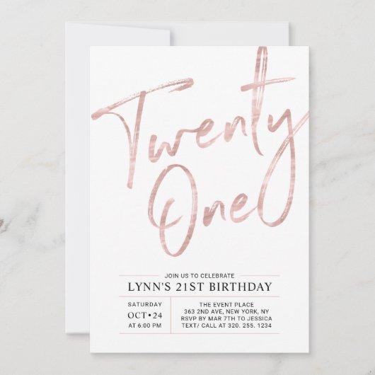 Invitation Vingt et un | Rose Gold 21st Birthday Party (Devant)