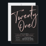 Invitation Vingt et un | Rose Gold & Black 21ème Anniversaire<br><div class="desc">Célébrez votre jour spécial avec cette invitation d'anniversaire 21 ans rose gold et noir élégante. Ce design présente un "Vingt et un" écriture pinceau rose gold chic avec une mise en page propre sur un fond noir. Les fournitures de fête d'anniversaire assorties sont disponibles dans ma boutique BaraBomDesign.</div>