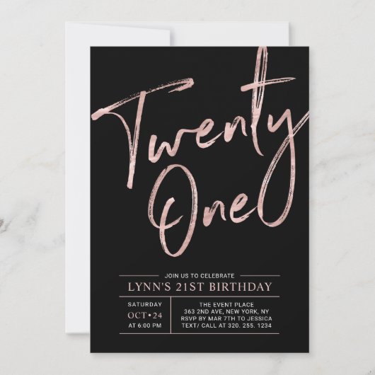 Invitation Vingt et un | Rose Gold & Black 21ème anniversaire (Devant)