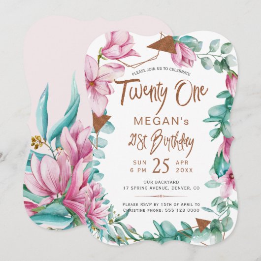 Invitation Vingt et une aquarelle florale 21e anniversaire fê (Devant / Derrière)