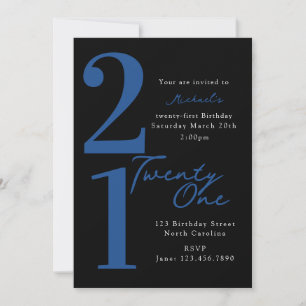 Invitation Vingt et unième 21e Anniversaire Moderne Bleu Noir