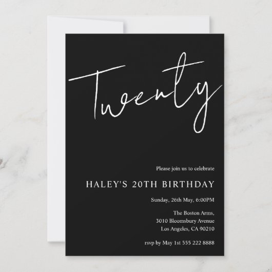Invitation Vingt Moderne Simple Noir 20e Anniversaire (Devant)