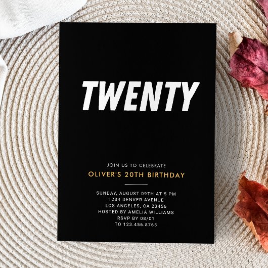 Invitation Vingt | Simple Black & Gold 20th Birthday Party
