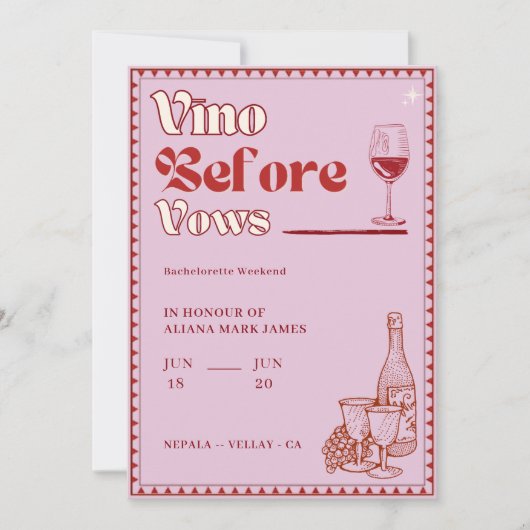 Invitation Vino Avant Vows Bachelorette Week-end Itinéraire (Devant)