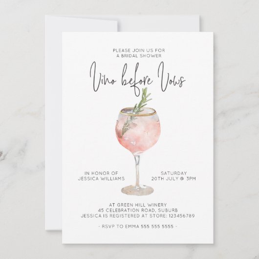 Invitation Vino avant Vows Fête des mariées (Devant)