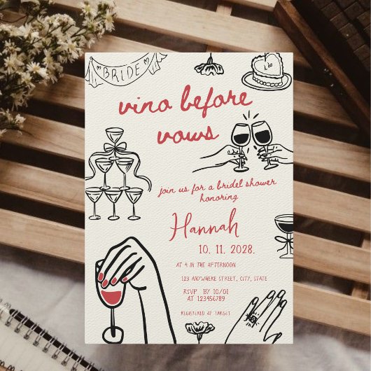 Invitation Vino Avant Vows Main Tirée Fête des mariées Rouge