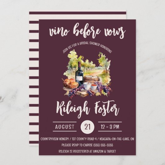 Invitation Vino Avant Vows, Vin, Pique-Nique, Fête des mariée (Devant / Derrière)