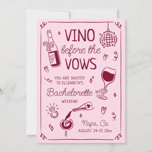 Invitation Vino Before the Vows Pink & Wine Red Bachelorette (Devant)
