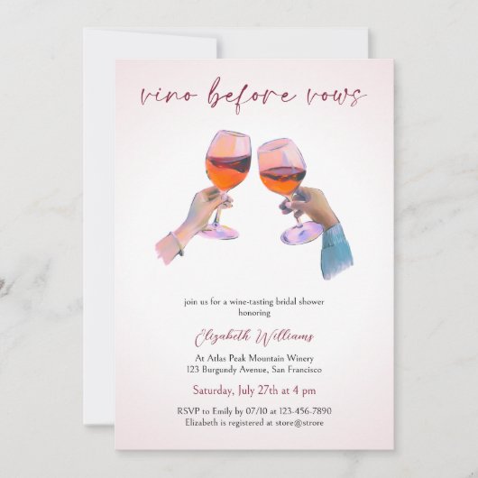 Invitation Vino moderne avant Vows Blush Fête des mariées ros (Devant)