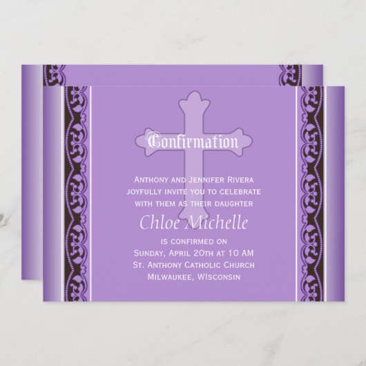 Invitation Vins à cailloux avec confirmation du pourpre crois (Devant / Derrière)