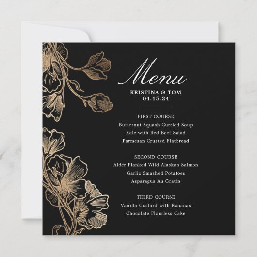 Invitation Vins à fleurs d'or Menu Mariage (Devant)