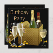 Invitation Vins de Champagne Lunettes d'or noir Fête d'annive (Devant / Derrière)